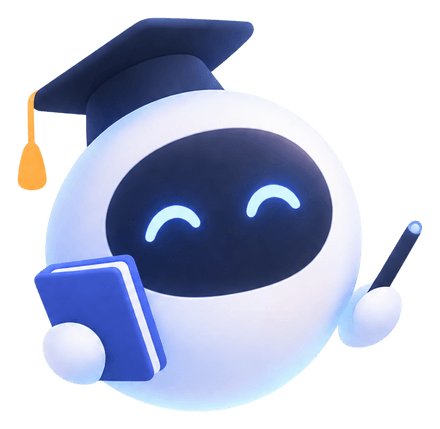 The TeachPal assistant: a round, friendly robot wearing a graduation cap, holding a book and a pointer.